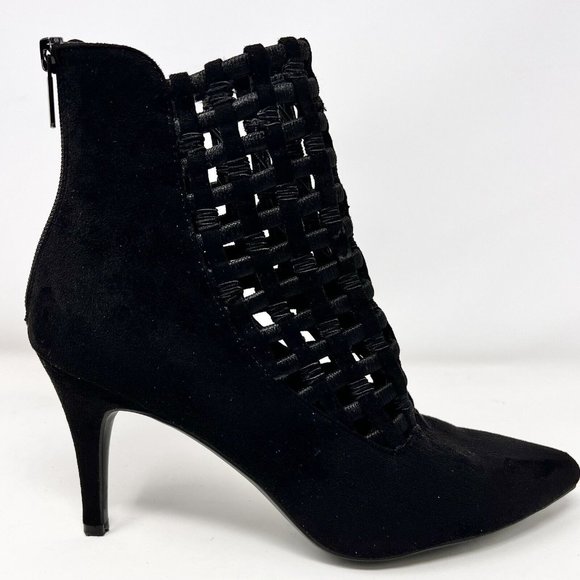 Impo Black‎ Faux Suede Stretch Ankle Boots Lattice Cutwork Zipper Back 3.5” Heel - Picture 5 of 11